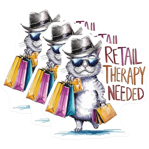 (3 Pack) Retail Therapy Decals - Cat Shopper with Bags - Funny Cat Stickers - 3 Inches On Longest Side - Easy Peel & Apply - Made in USA - 3MCS7304