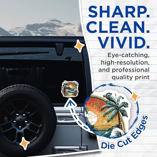 (2 Pack) Tropical Beach Scene Stickers - Surfing Wave - Artistic Palm Trees - 5" On Longest Side - Sticks to Smooth Flat Surfaces - Made in USA - BMCS9265