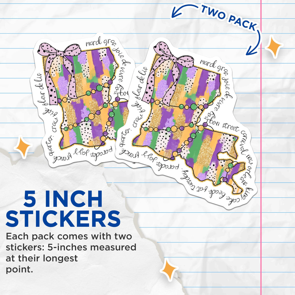 (2 Pack) Louisiana Mardi Gras Stickers - New Orleans Map - Colorful Parade Stickers - French Quarter - Bon Temps Rouler - 5" On Longest Side - Sticks to Smooth Flat Surfaces - Made in USA - BMCS6379