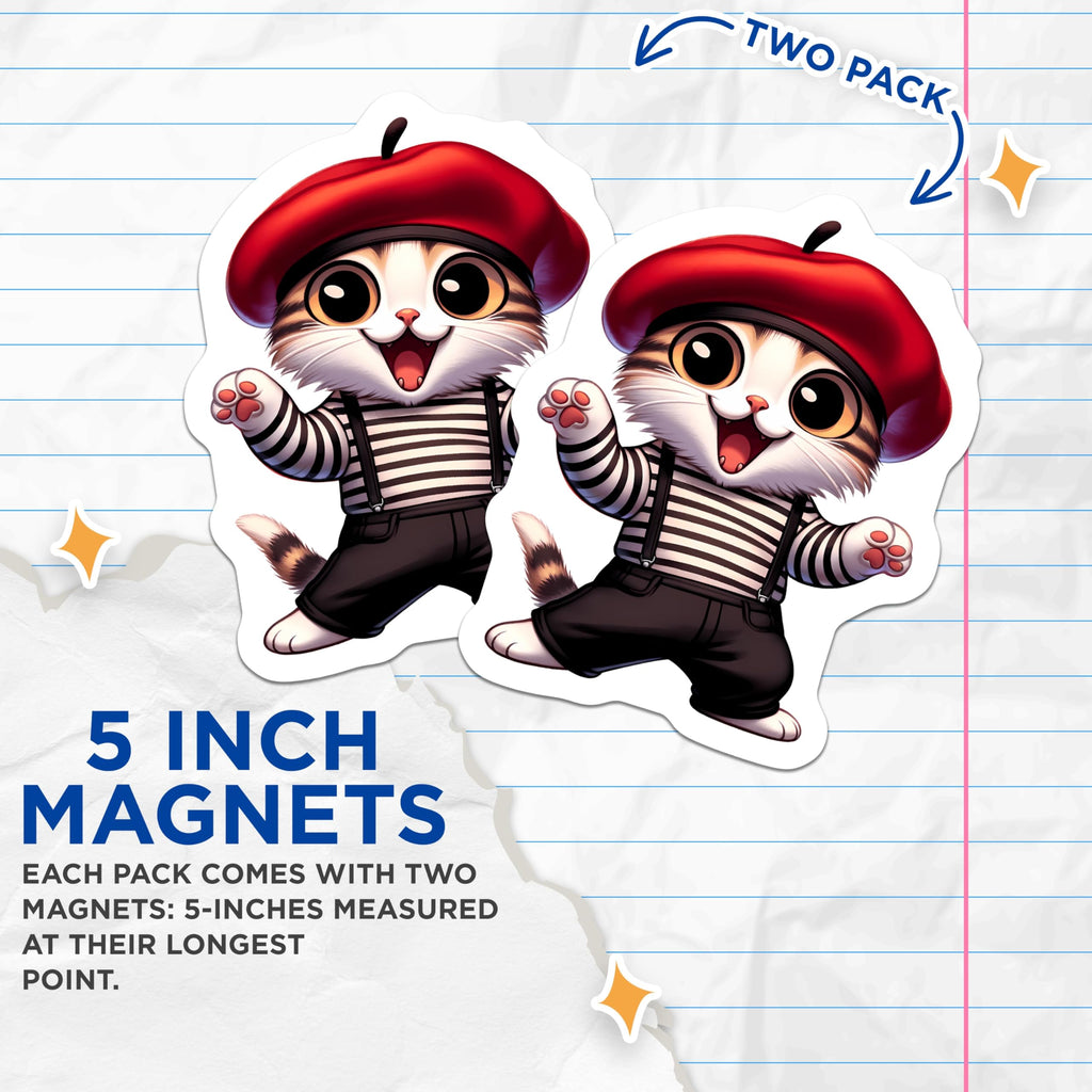 (2 Pack) French Cat Magnets - Charming Beret Kitty Refrigerator Accent - Striped Shirt Animal Art Collectible - 5 Inches On Longest Side - Thick Durable Magnet - Made in USA - MAG22056