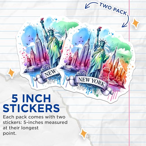 (2 Pack) New York Skyline Stickers - Statue of Liberty Stickers - Colorful Cityscape Stickers - 5" On Longest Side - Sticks to Smooth Flat Surfaces - Made in USA - BMCS7035