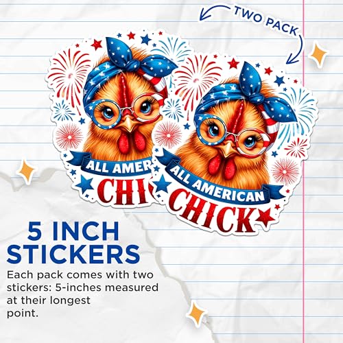 (2 Pack) All American Chick Stickers - Patriotic Chick Stickers - Fourth of July Stickers - American Pride Stickers - 5" On Longest Side - Sticks to Any Smooth Flat Surface - Made in USA - BMCS2724