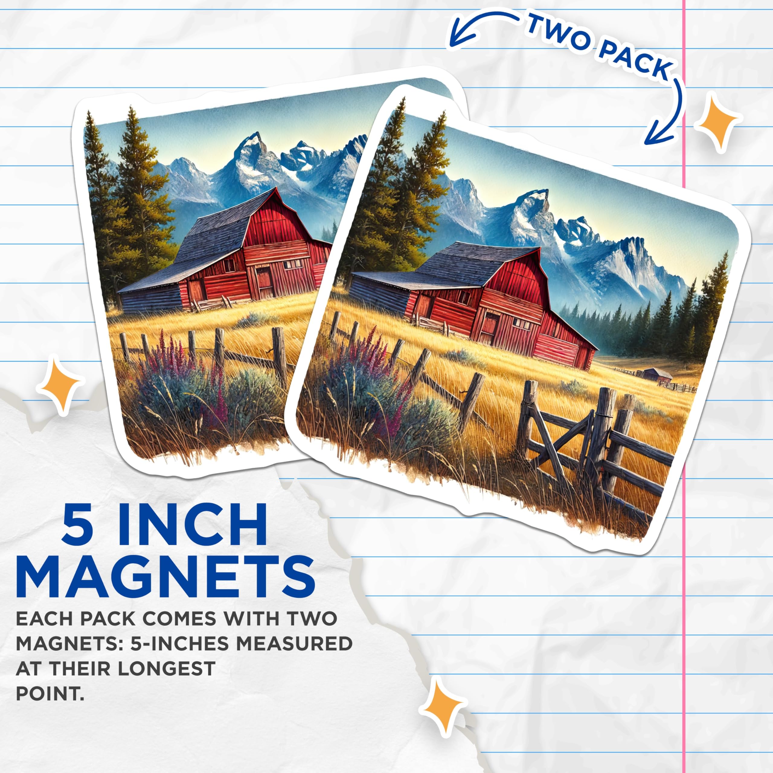 (2 Pack) Barn Magnets - Countryside Scene - Rustic Farmhouse Decor - 5" On Longest Side - Premium Magnet - for Cars, Refrigerators, Toolboxes, Lockers - Made in USA - MAG18067