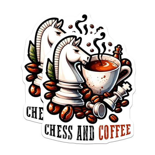 (2 Pack) Chess Coffee Stickers - Strategy Game Stickers - Gamer and Coffee Lover Stickers - 5" On Longest Side - Sticks to Any Smooth Flat Surface - Made in USA - BMCS3194