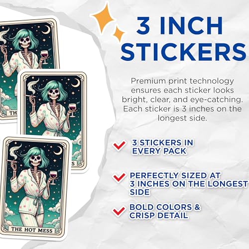 (3 Pack) Hot Mess Skeleton Decals - Funny Sarcastic Stickers - Tarot Card Laptop Decal - 3 Inches On Longest Side - Easy Peel & Apply - Made in USA - 3MCS4205