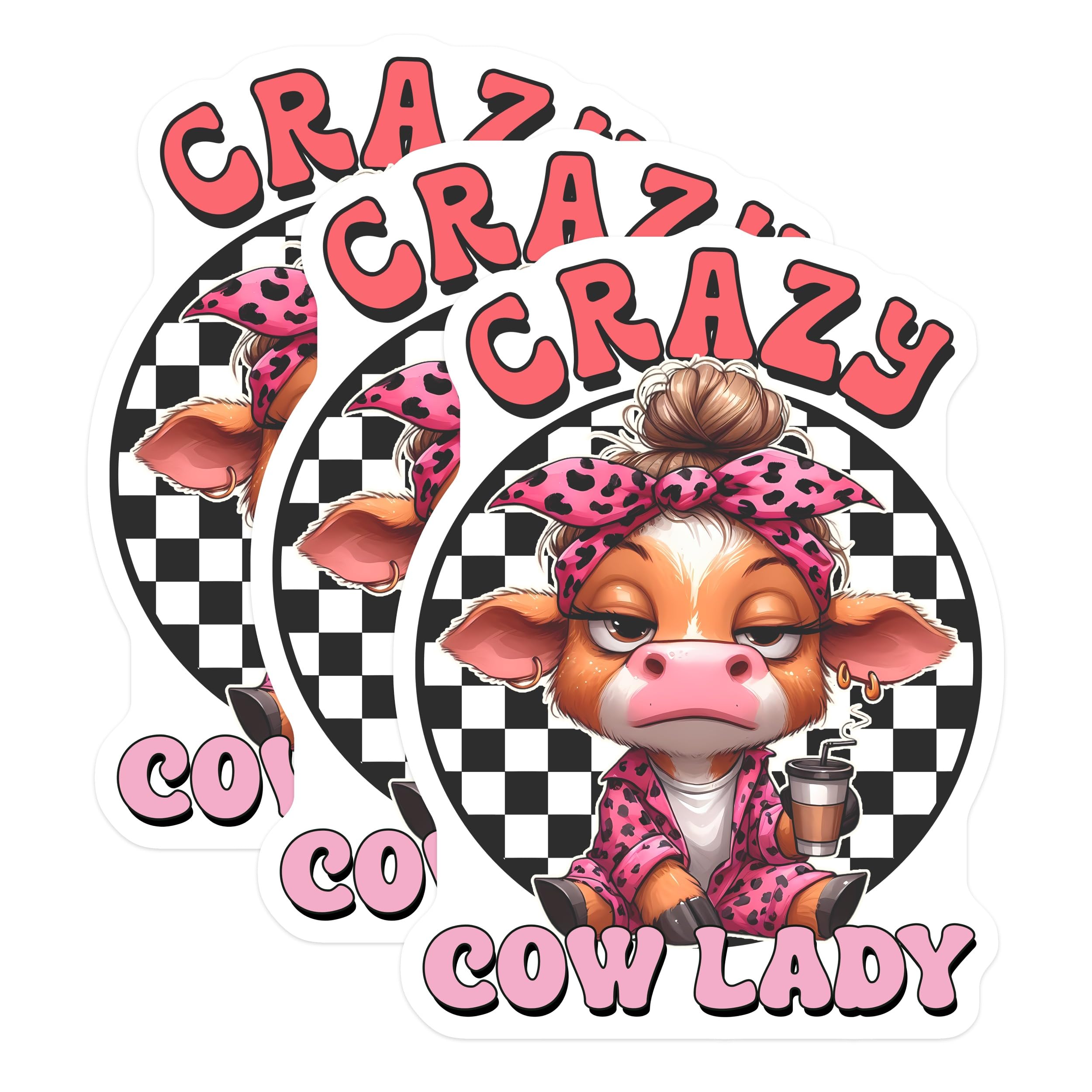 (3 Pack) Crazy Cow Lady Decals - Funny Animal Decals - Laptop Decal - 3 Inches On Longest Side - Easy Peel & Apply - Made in USA - 3MCS2555