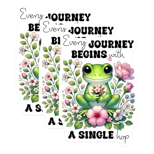 (3 Pack) Cute Frog Decals - Floral Laptop Decal - Inspirational Quote - Every Journey Begins with a Single Hop - 3 Inches On Longest Side - Easy Peel & Apply - Made in USA - 3MCS6384