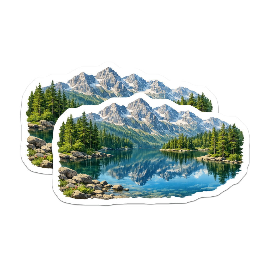 (2 Pack) Mountain Lake Reflection Magnets - Pine Forest Scenery - Outdoor Adventure Decor - 5 Inches On Longest Side - Thick Durable Magnet - Made in USA - MAG39064