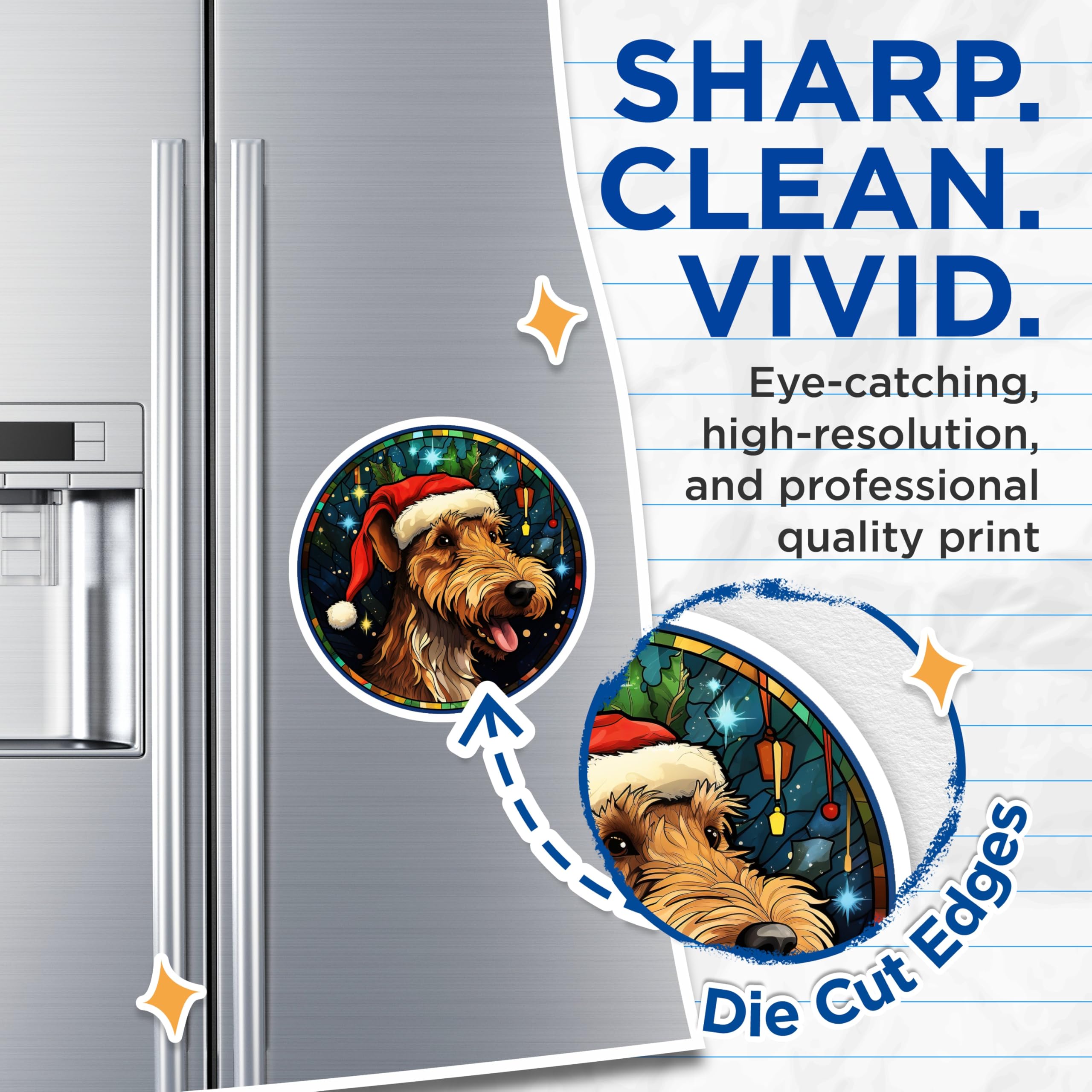 (2 Pack) Christmas Dog Magnets - Stained Glass Pet Art - Airedale Terrier Holiday Decor - 5 Inches On Longest Side - Thick Durable Magnet - Made in USA - MAG30813