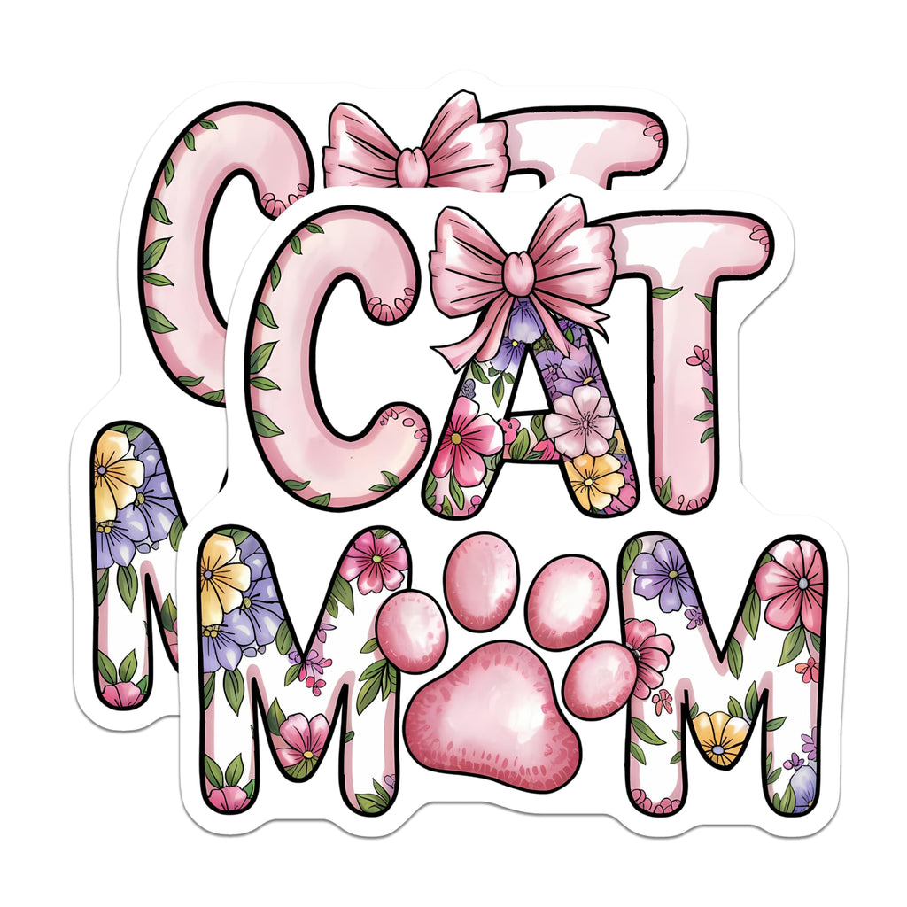 (2 Pack) Cat Mom Floral Magnets - Sweet Pet Lover Paw Print - Refrigerator Accessory - Animal Themed Kitchen Decor - 5 Inches On Longest Side - Thick Durable Magnet - Made in USA - MAG22085