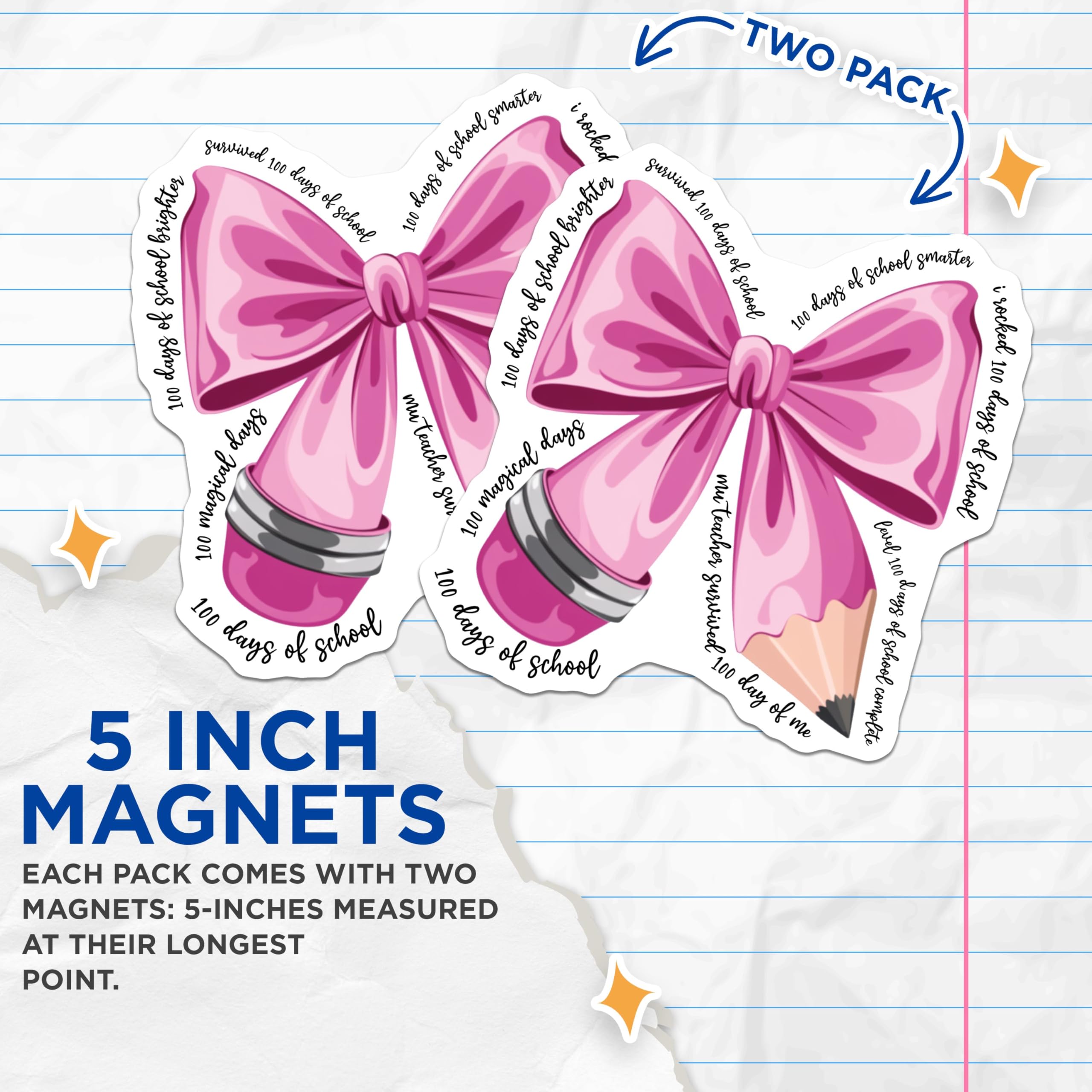 (2 Pack) 100 Days of School Magnets - Pink Bow Pencil Magnets - Classroom Decoration Magnets - 5" On Longest Side - for Cars, Refrigerators, Toolboxes, Lockers - Made in USA BMCS3064