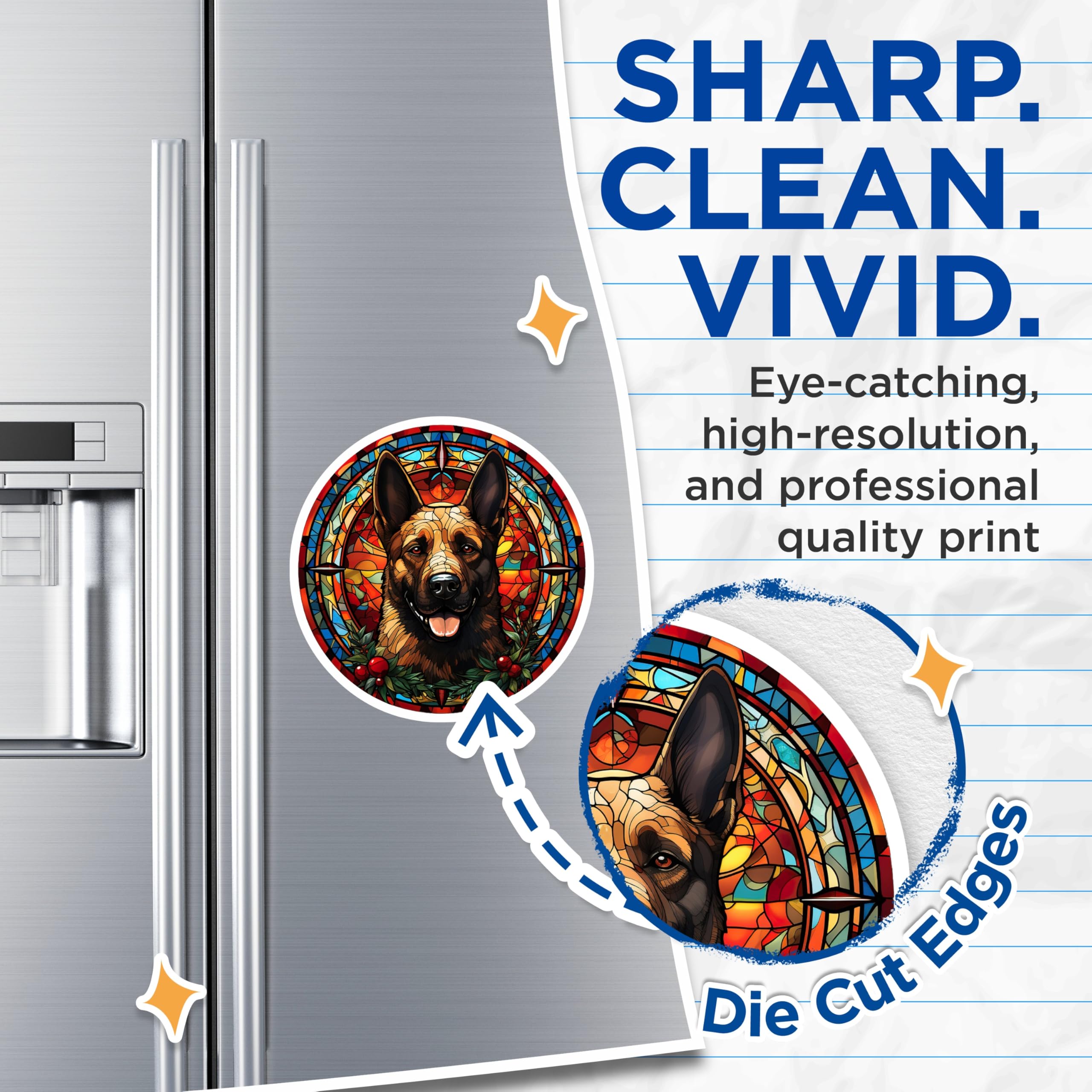 (2 Pack) German Shepherd Magnets - Vibrant Stained Glass Dog Art Design - Holiday Canine Pet Decor for Fridge - 5 Inches On Longest Side - Thick Durable Magnet - Made in USA - MAG23370