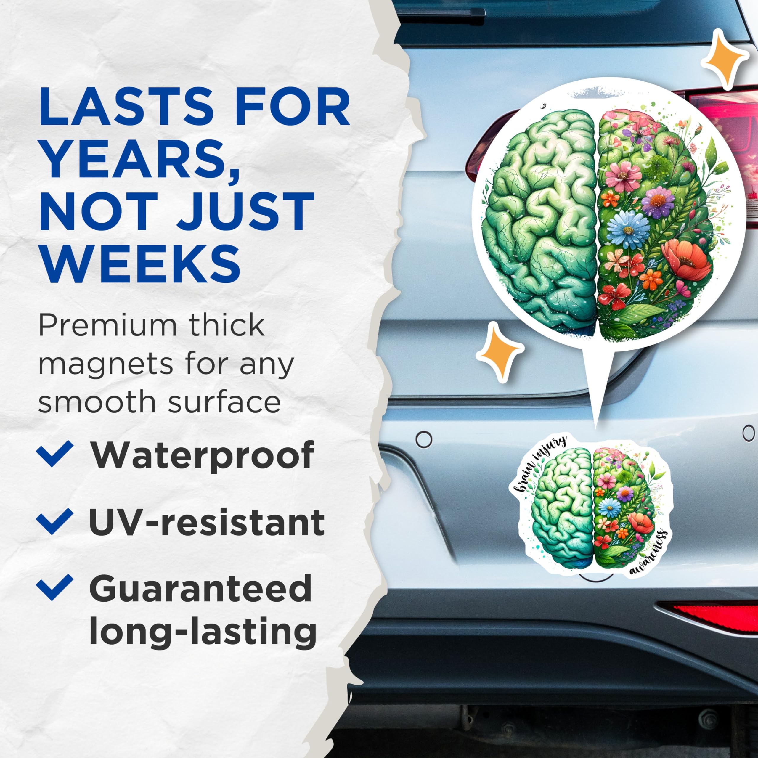 (2 Pack) Brain Injury Awareness Magnets - Floral Brain Magnets - Mental Health Support Magnets - 5" On Longest Side - for Cars, Refrigerators, Toolboxes, Lockers - Made in USA BMCS3253