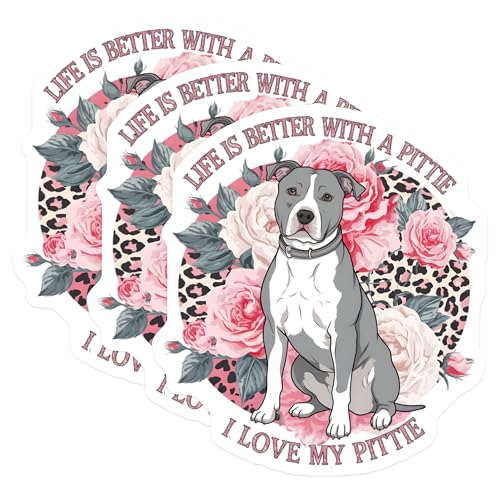 (3 Pack) Pitbull Dog Decals - Floral Pitbull - I Love My Pittie - Laptop Decals- 3 Inches On Longest Side - Easy Peel & Apply - Made in USA - 3MCS5952