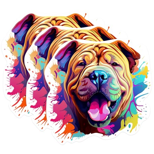 (3 Pack) Shar Pei Dog Decals - Colorful Dog Portrait - Laptop Decal - 3 Inches On Longest Side - Easy Peel & Apply - Made in USA - 3MCS0701