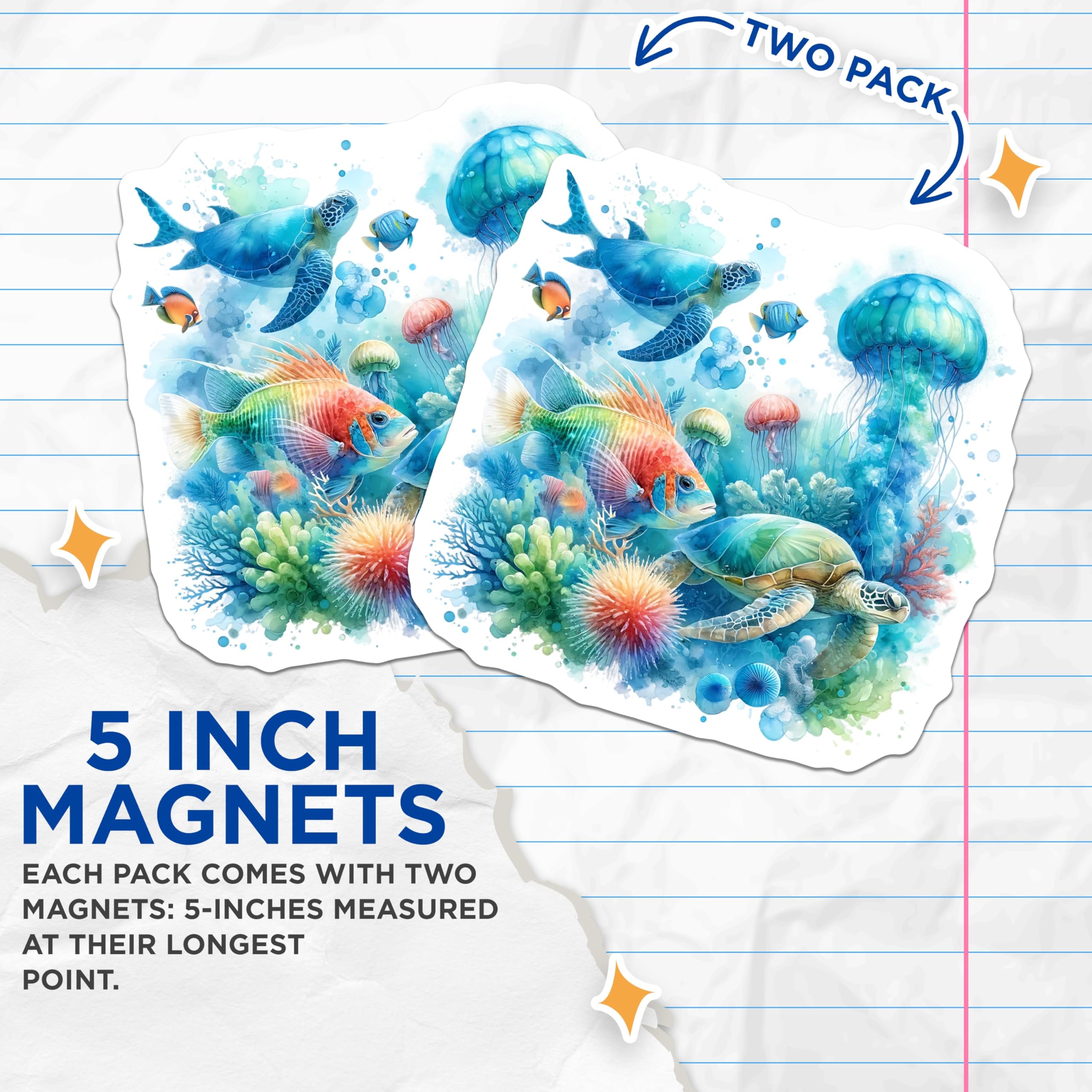 (2 Pack) Sea Turtle Magnets - Ocean Life Art - Marine Animals Decor - 5" On Longest Side - Premium Magnet - for Cars, Refrigerators, Toolboxes, Lockers - Made in USA - MAG14750
