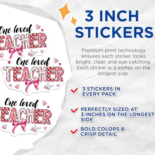 (3 Pack) Teacher Decals - One Loved Teacher - Heart Decals for Laptop - 3 Inches On Longest Side - Easy Peel & Apply - Made in USA - 3MCS6407