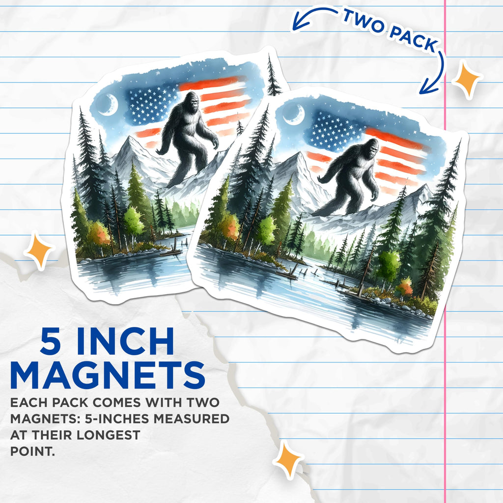 (2 Pack) Bigfoot Magnets - American Flag Sasquatch Art - Mountain Forest Lake Nature Decor - 5 Inches On Longest Side - Thick Durable Magnet - Made in USA - MAG21329