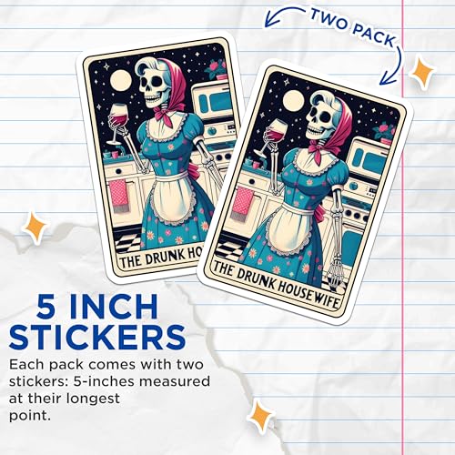 (2 Pack) The Drunk Housewife Stickers - Funny Skeleton Kitchen Decor - Retro Housewife Humorous Decals - 5" On Longest Side - Sticks to Smooth Flat Surfaces - Made in USA - BMCS4626
