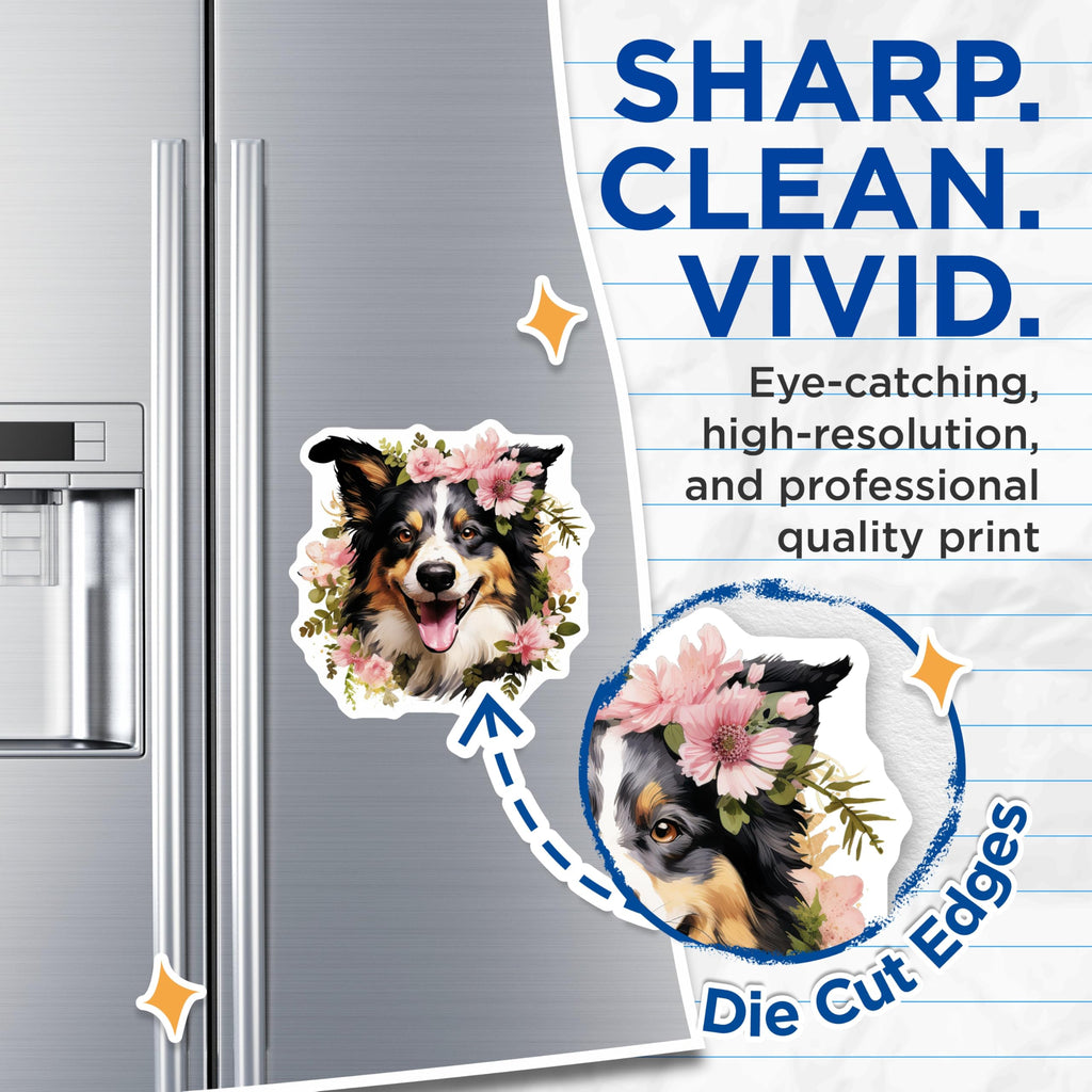 (2 Pack) Floral Dog Magnets - Australian Shepherd Border Collie Art - Dog Mom Kitchen Decor - 5 Inches On Longest Side - Thick Durable Magnet - Made in USA - MAG27536