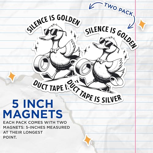 (2 Pack) Silence is Golden Magnets - Duct Tape is Silver Magnets - Funny Duck Magnets for Home Decor- 5" On Longest Side - for Fridges, Toolboxes, Cars - Made in USA - MAG2894