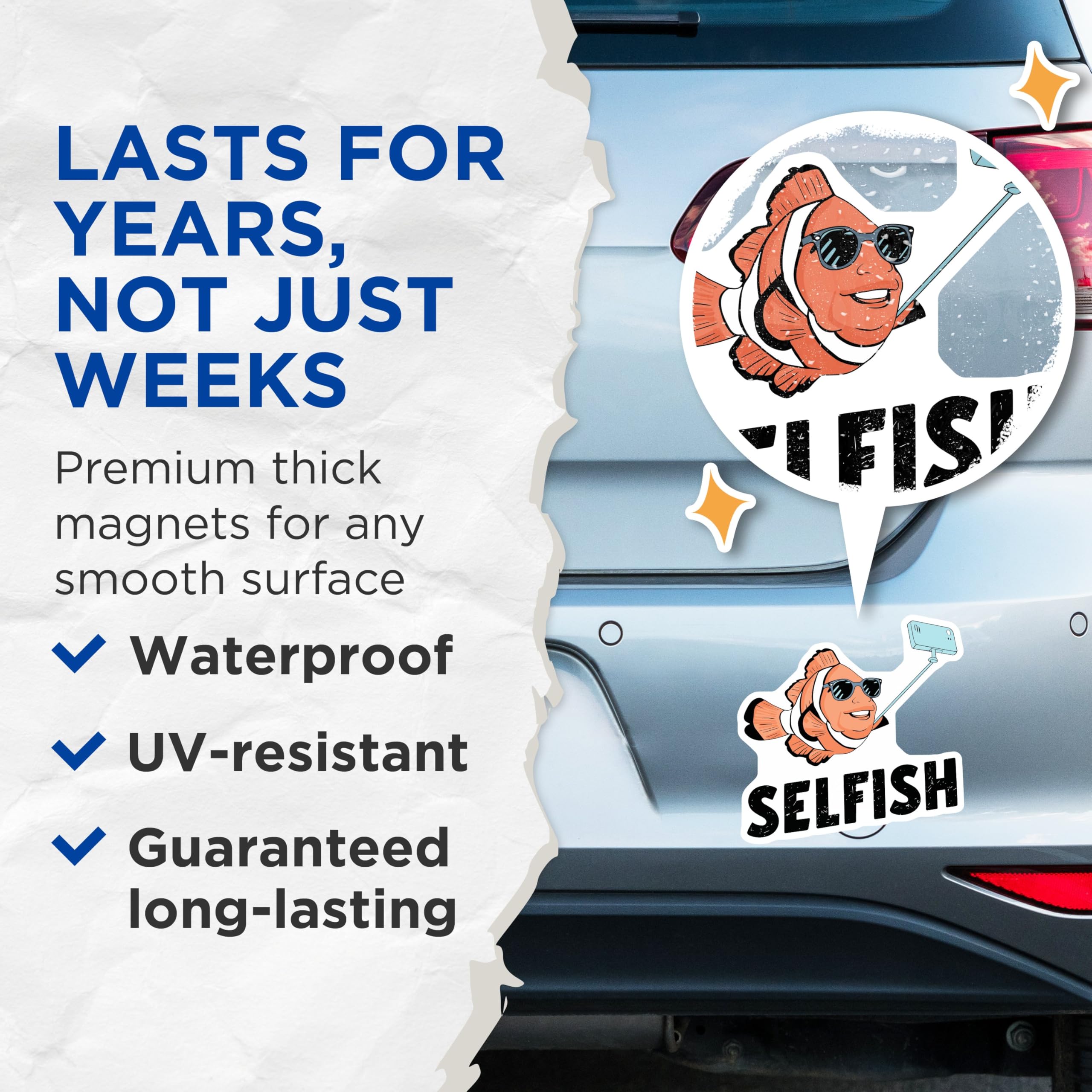 (2 Pack) Funny Fish Pun Magnets - Selfie Magnet - Cute Refrigerator Decor - Clownfish with Selfie Magnet - 5" On Longest Side - for Cars, Fridges, Toolboxes - Made in USA - MAG5597