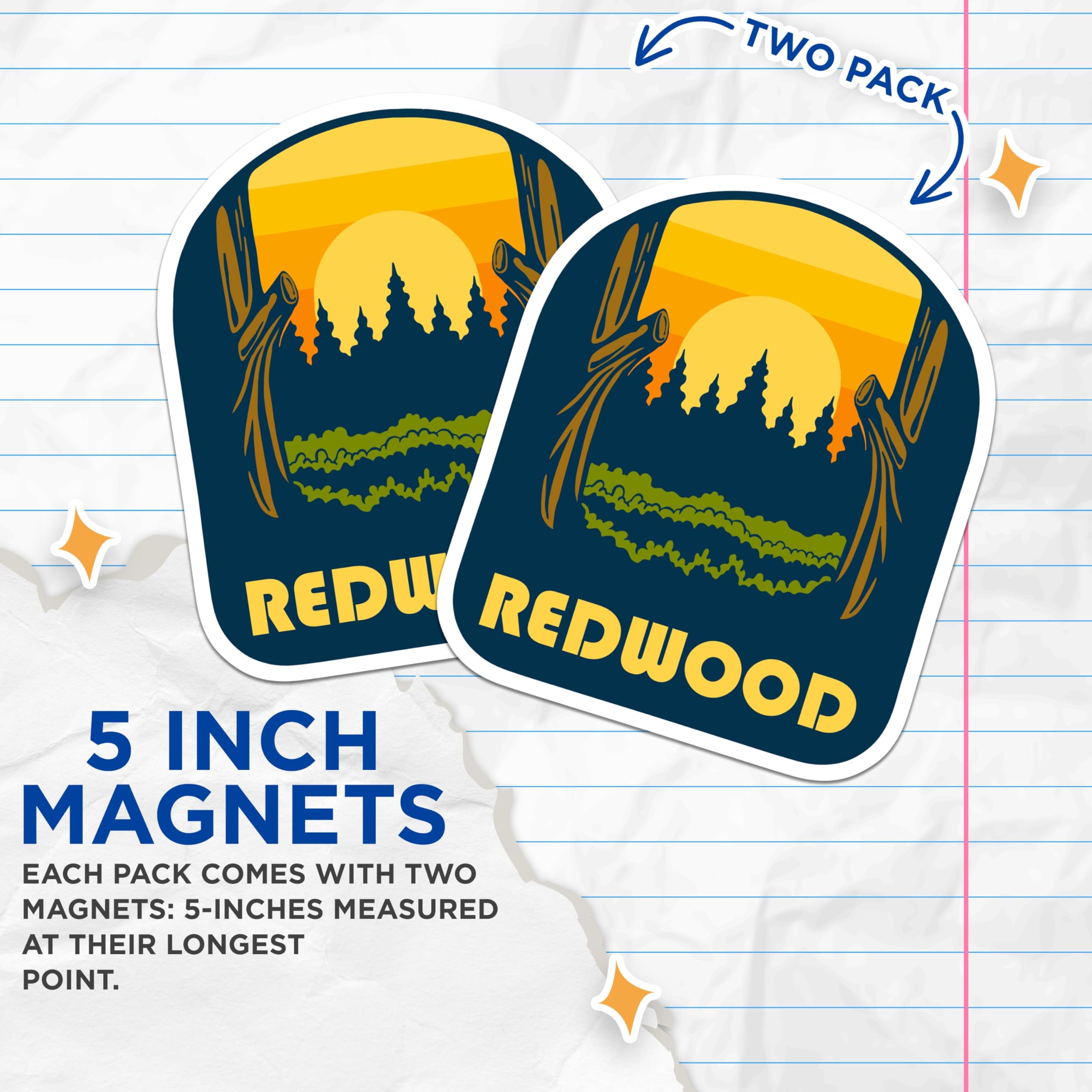(2 Pack) Redwood Magnets - Redwood Forest - Sunset Souvenir - 5" On Longest Side - Premium Magnet - for Cars, Refrigerators, Toolboxes, Lockers - Made in USA - MAG18603