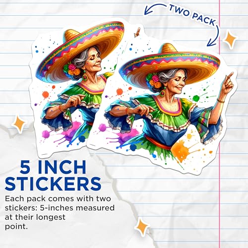 (2 Pack) Mexican Festive Grandmother Stickers - Colorful Celebration - Tradition and Culture - 5" On Longest Side - Sticks to Smooth Flat Surfaces - Made in USA - BMCS8638