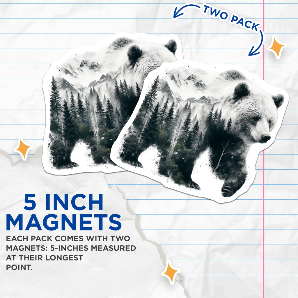 (2 Pack) Bear Magnets - Wildlife Forest Decor - Mountain Scene Art Magnets - 5" On Longest Side - Premium Magnet - for Cars, Refrigerators, Toolboxes, Lockers - Made in USA - MAG16000