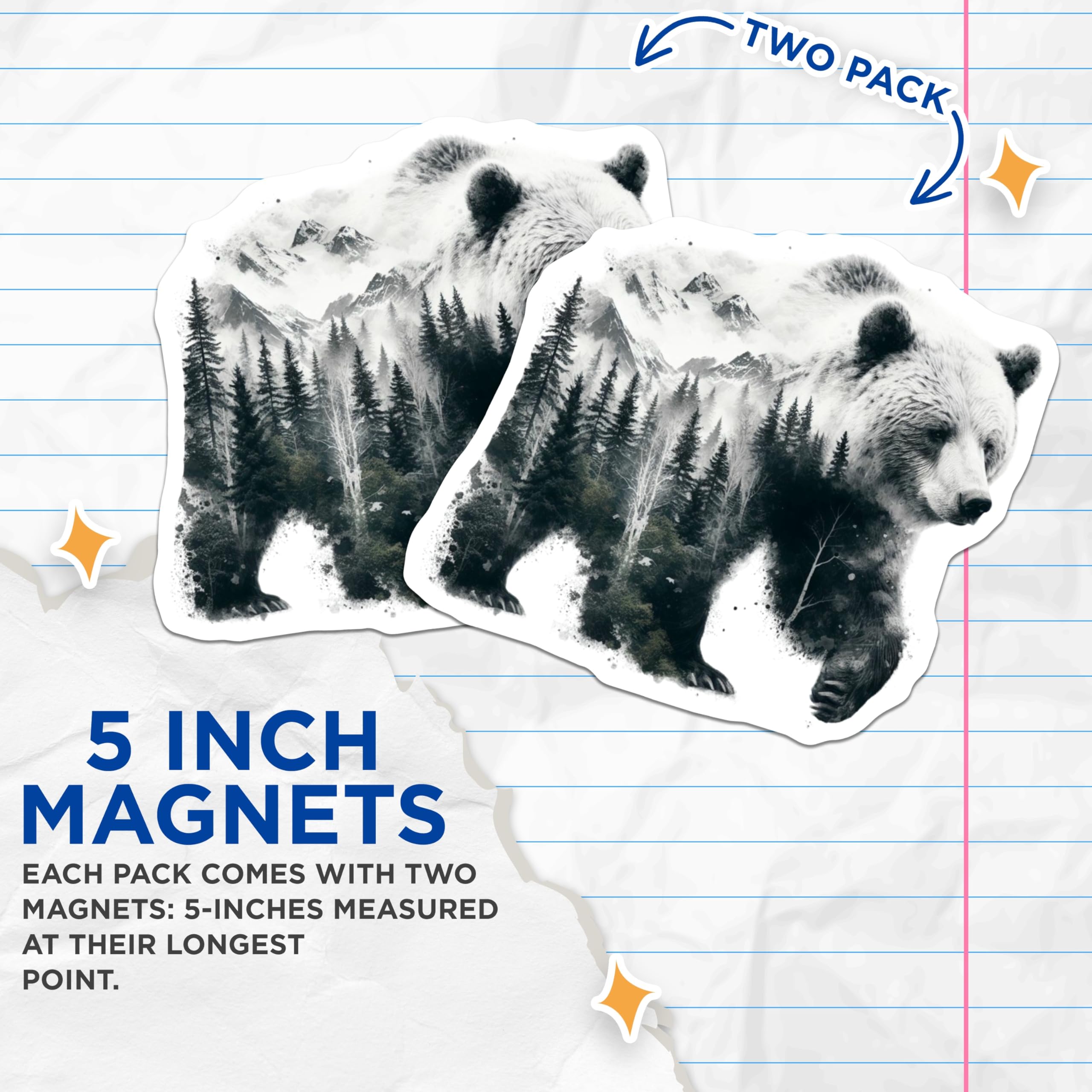 (2 Pack) Bear Magnets - Wildlife Forest Decor - Mountain Scene Art Magnets - 5" On Longest Side - Premium Magnet - for Cars, Refrigerators, Toolboxes, Lockers - Made in USA - MAG16000