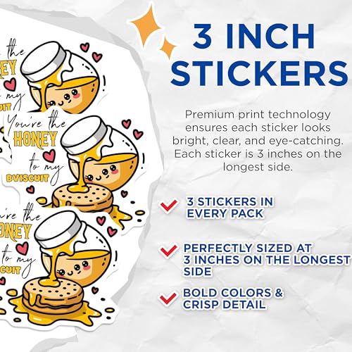 (3 Pack) Honey Biscuit Decals - Sweet Food Decal - Kawaii Laptop Decal - 3 Inches On Longest Side - Easy Peel & Apply - Made in USA - 3MCS7648