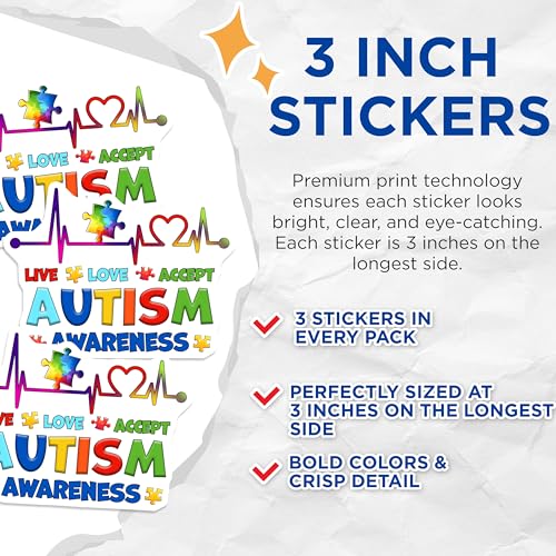 (3 Pack) Autism Awareness Decals - Laptop Decal - Puzzle Piece Decals - 3 Inches On Longest Side - Easy Peel & Apply - Made in USA - 3MCS6881
