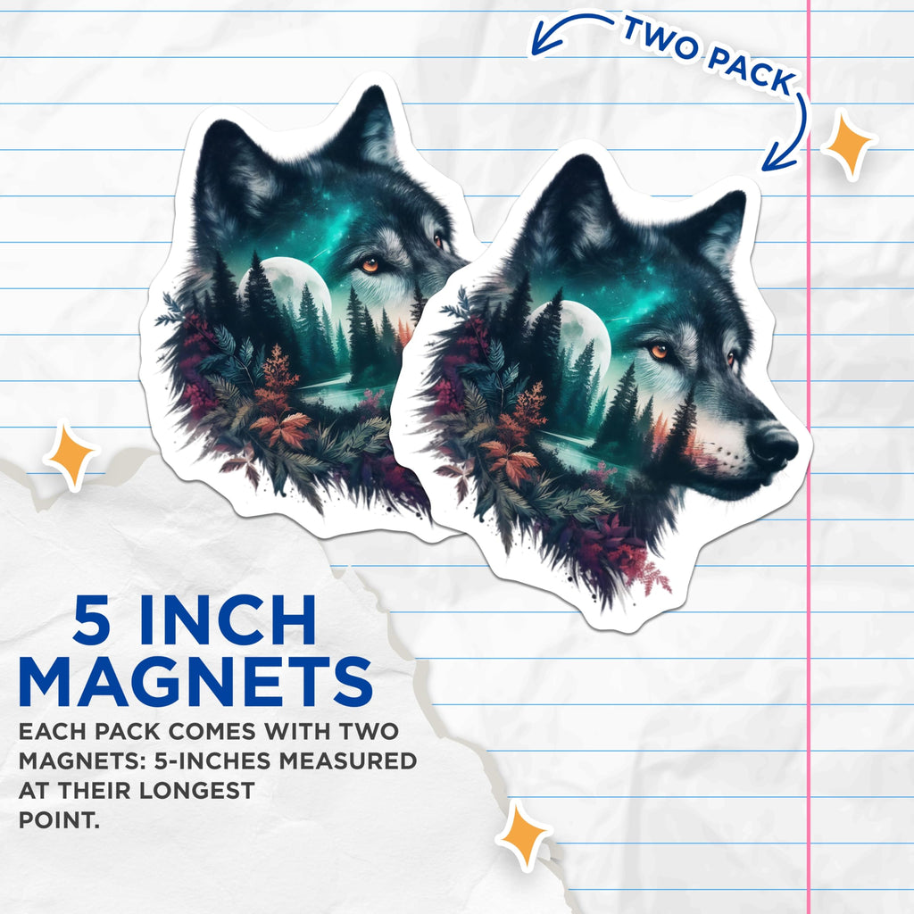 (2 Pack) Wolf Magnets - Forest Night Design - Fridge Decor Magnet - 5" On Longest Side - Premium Magnet - for Cars, Refrigerators, Toolboxes, Lockers - Made in USA - MAG15114