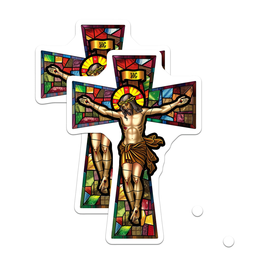 (2 Pack) Stained Glass Crucifix Magnets - Jesus Christ Religious Decor - Christian Faith Inspiration - 5 Inches On Longest Side - Thick Durable Magnet - Made in USA - MAG38376
