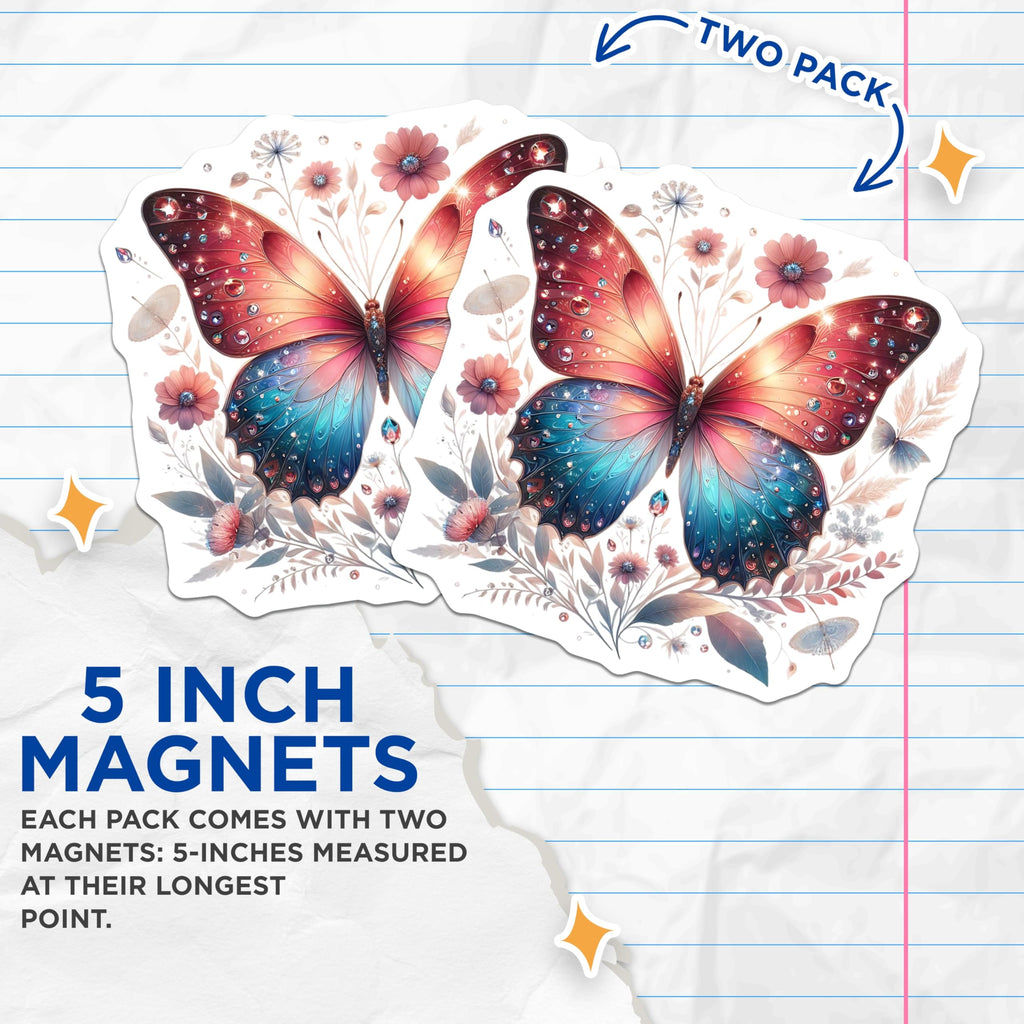 (2 Pack) Butterfly Art Magnets - Floral Insect Decor - Fridge and Locker Accent - 5" On Longest Side - Premium Magnet - for Cars, Refrigerators, Toolboxes, Lockers - Made in USA - MAG15003