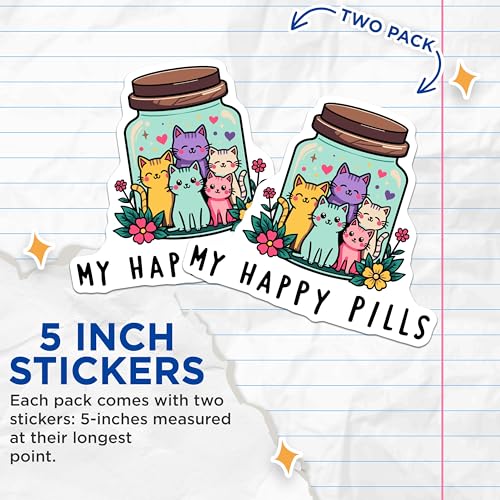(2 Pack) Cute Cat Happy Pills Stickers - Funny Cat Lovers - Adorable Cat Jar Design - 5" On Longest Side - Sticks to Smooth Flat Surfaces - Made in USA - BMCS6746