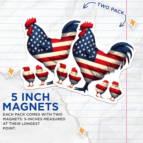 (2 Pack) American Flag Rooster Magnets - Patriotic Animal Magnets - Country Kitchen Decor - 5" On Longest Side - for Cars, Fridges, Toolboxes - Made in USA - MAG7132
