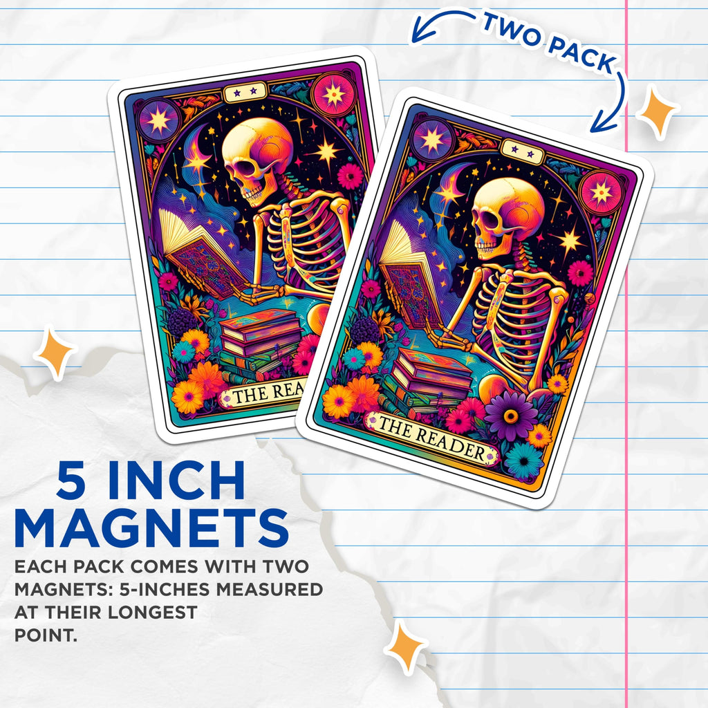 (2 Pack) Reader Tarot Card Magnets - Skeleton Book Lover Decor - Witchy Aesthetic Art - Dark Academia Fan - Mystical Readers - 5 Inches On Longest Side - Thick Durable Magnet - Made in USA - MAG29205