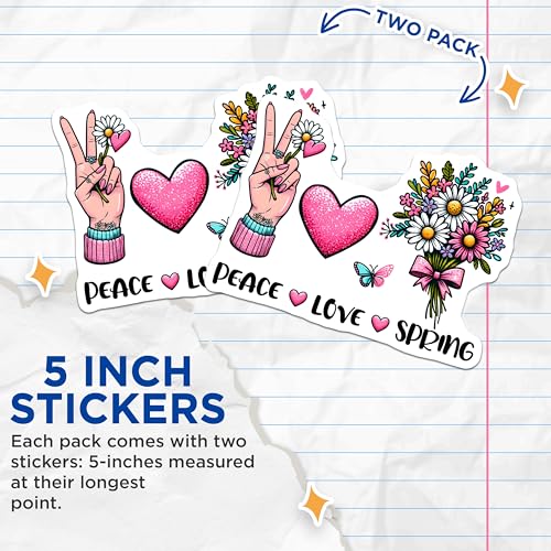 (2 Pack) Peace Love Spring Stickers - Floral Bouquet - Hand Sign - Heart - 5" On Longest Side - Sticks to Smooth Flat Surfaces - Made in USA - BMCS8012