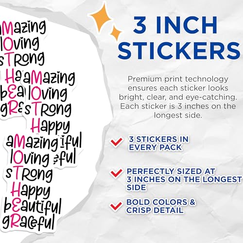 (3 Pack) Amazing Mother Decals - Loving Strong - Happy Beautiful Graceful - 3 Inches On Longest Side - Easy Peel & Apply - Made in USA - 3MCS4012