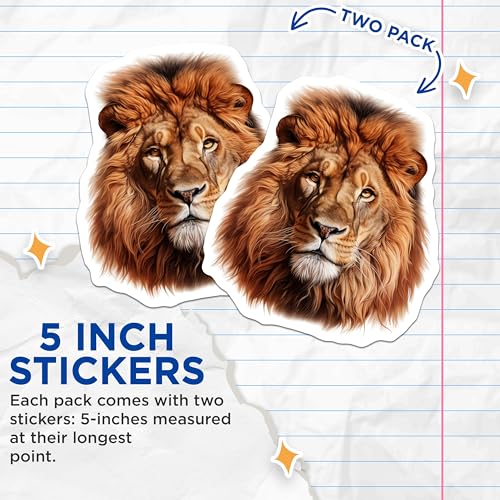 (2 Pack) Lion Face Art Stickers - Wild Animal Decal - Big Cat Sticker for Water Bottles - 5" On Longest Side - Sticks to Smooth Flat Surfaces - Made in USA - BMCS4265