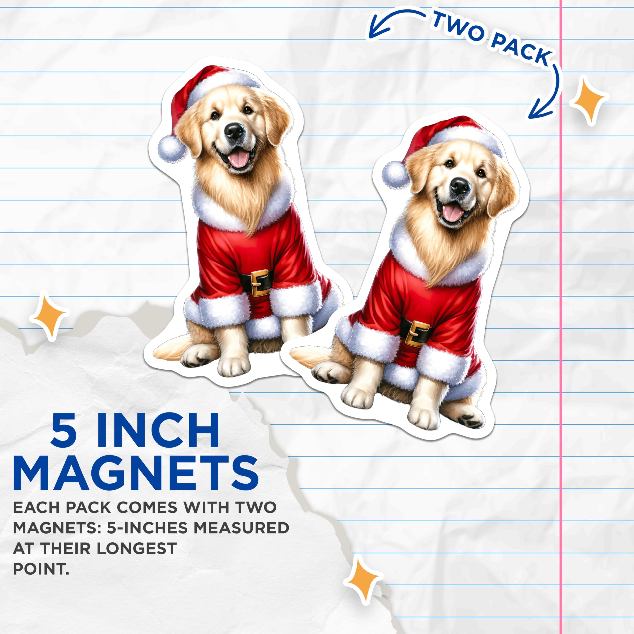 (2 Pack) Golden Retriever Santa Claus Dog Magnets - Festive Christmas Animal Decor - Refrigerator Holiday Pet Accent - 5 Inches On Longest Side - Thick Durable Magnet - Made in USA - MAG23300