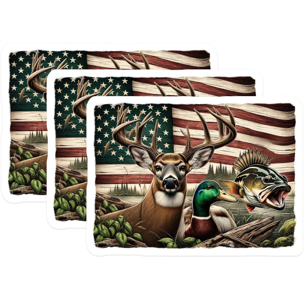 (3 Pack) American Wildlife Decals - Deer Duck Bass - Patriotic Hunting Decals - 3 Inches On Longest Side - Easy Peel & Apply - Made in USA - 3MCS4784