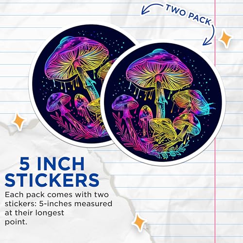 (2 Pack) Neon Mushroom Stickers - Psychedelic Fungi Art - Trippy Mushroom Decal - Vibrant Mushroom Stickers - 5" On Longest Side - Sticks to Smooth Flat Surfaces - Made in USA - BMCS7192