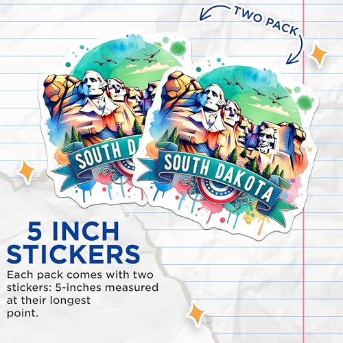 (2 Pack) South Dakota Stickers - Mount Rushmore Stickers - Travel Souvenir Stickers - 5" On Longest Side - Sticks to Smooth Flat Surfaces - Made in USA - BMCS6830