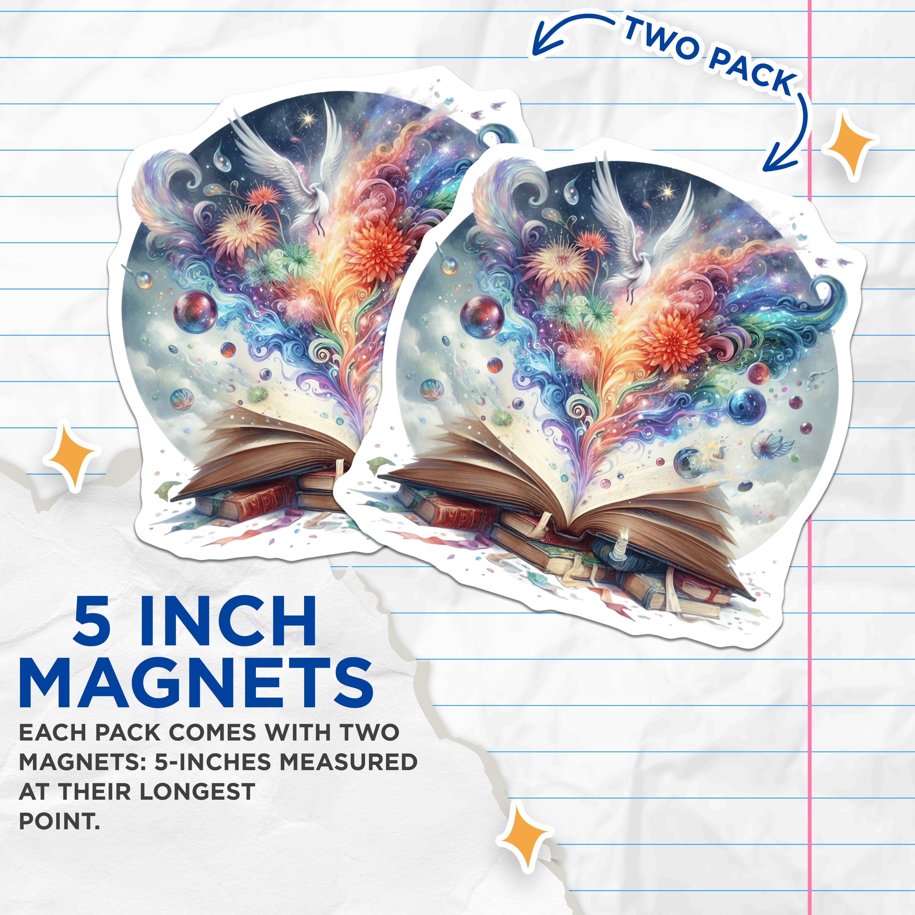 (2 Pack) Magical Book Magnets - Whimsical Reader Decor - Fantasy Art Literary Librarian Teacher Study - 5 Inches On Longest Side - Thick Durable Magnet - Made in USA - MAG37902