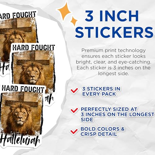 (3 Pack) Lion Cross Decals - Hard Fought Hallelujah - Christian Laptop Decal - 3 Inches On Longest Side - Easy Peel & Apply - Made in USA - 3MCS8721