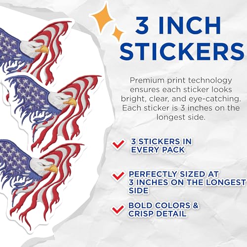 (3 Pack) American Eagle Decals - Patriotic USA Decals - Laptop Car Decals- 3 Inches On Longest Side - Easy Peel & Apply - Made in USA - 3MCS5742