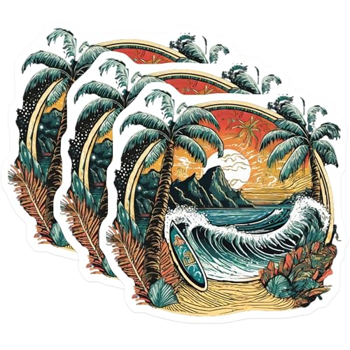 (3 Pack) Surfboard Beach Decals - Palm Tree Stickers - Sunset Tropical Decal - 3 Inches On Longest Side - Easy Peel & Apply - Made in USA - 3MCS8028