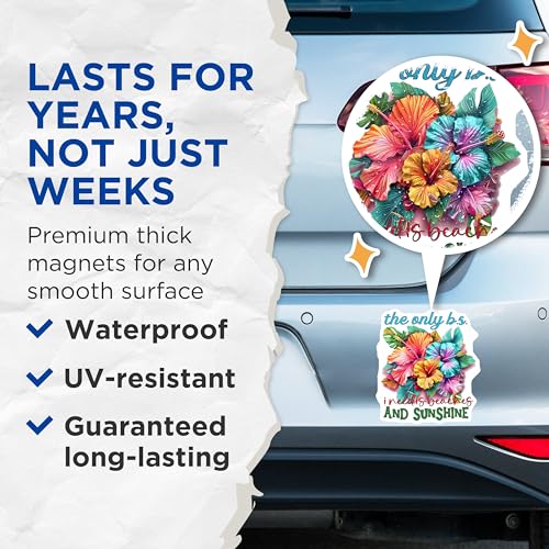 (2 Pack) The Only B.S. I Need is Beaches and Sunshine Magnets - Tropical Flower Magnet - Summer - Beach Quotes Magnet - 5" On Longest Side - for Cars, Fridges, Toolboxes - Made in USA - MAG4324
